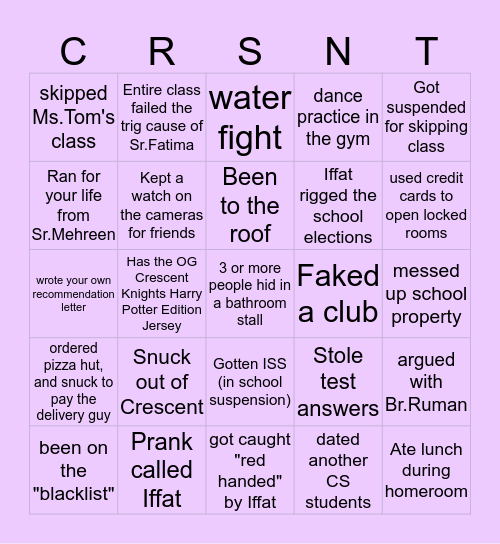 Crescent School Bingo Card