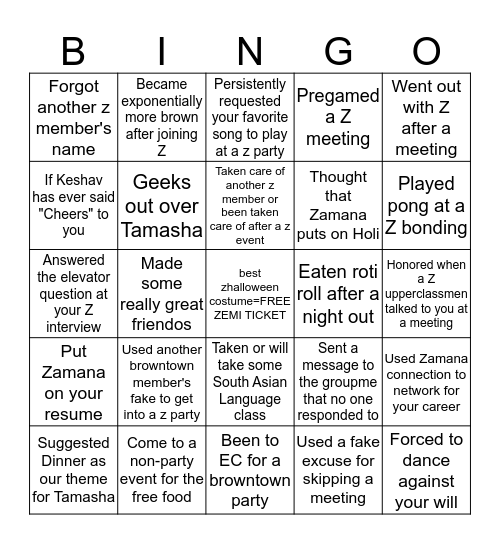 Zamana Bingo Card