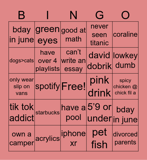 Morgan’s Bingo Card