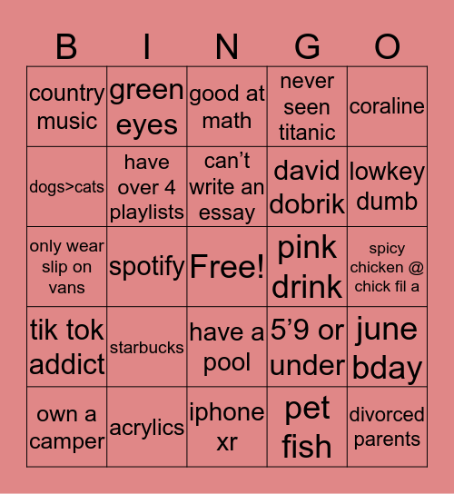 Morgan’s Bingo Card