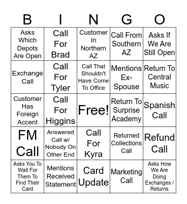 Milano Phone Call Bingo Card