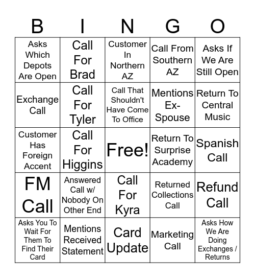 Milano Phone Call Bingo Card