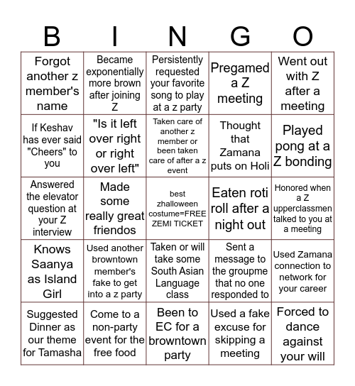 Zamana Bingo Card