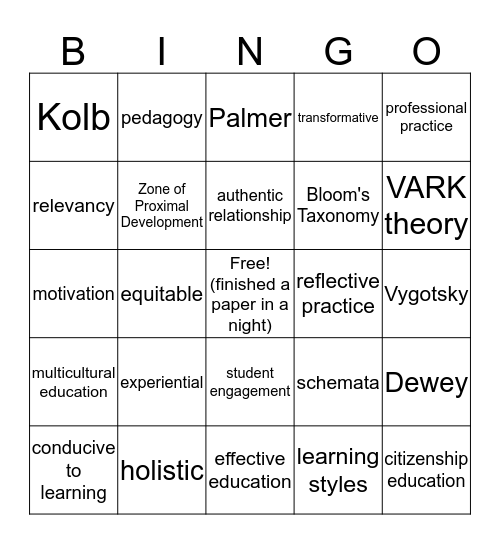 E&S Paper Bingo Card