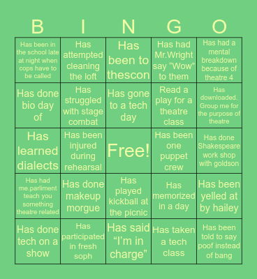 Stageflight Theatre Bingo Part Two Bingo Card