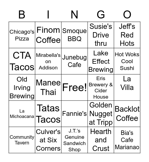 Old Irving Park Restaurants Bingo Card