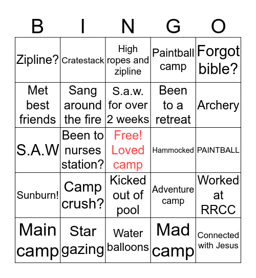 Rock River Christian Camp Bingo Card