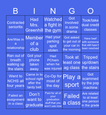 NCHS Senior Bingo Card