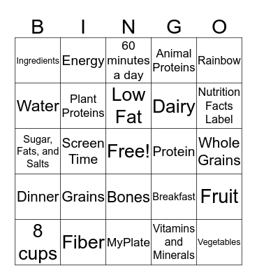 MyPlate Bingo Card