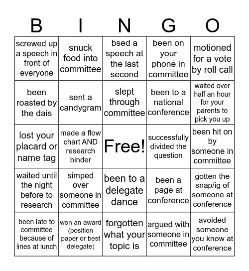 MUN Themed Bingo Card
