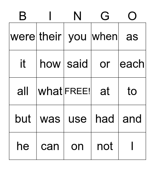 Sight Word Bingo Card