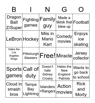 Pj DiMarco’s bingo Card