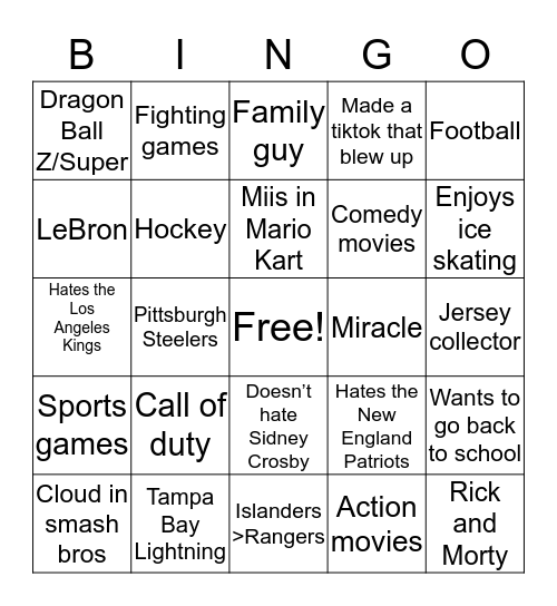 Pj DiMarco’s bingo Card