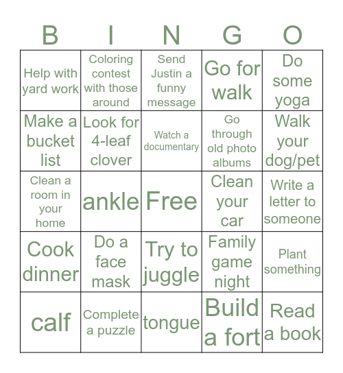 Inside/Outside Bingo Card