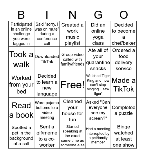 Quarantine Bingo Card