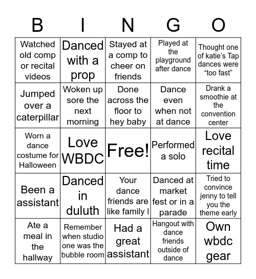 WBDC Bingo Card