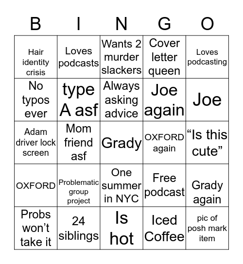 Meg Bingo Card