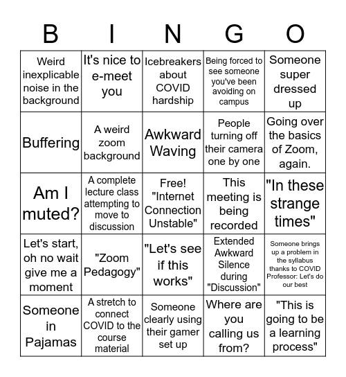 First Day of Zoom University Bingo Card