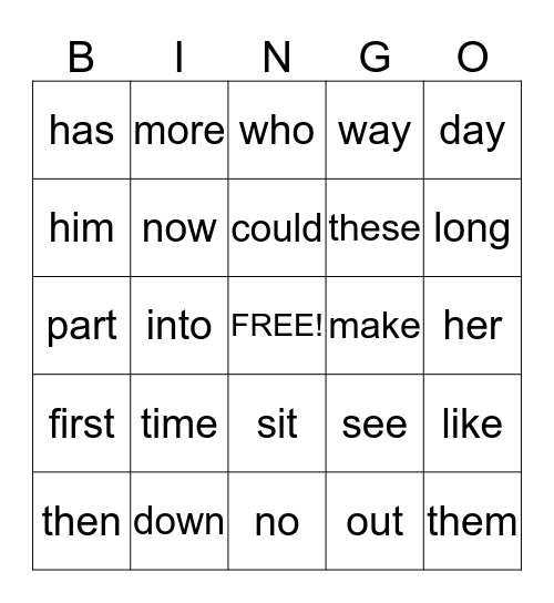 Sight Word Bingo Card