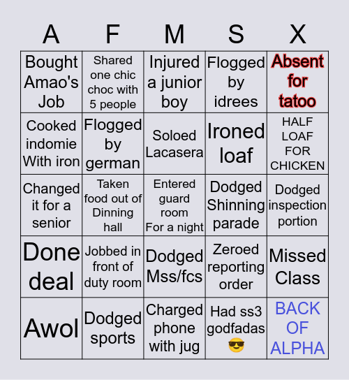 Afms life check Bingo Card