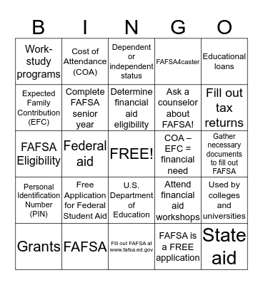 FAFSA BINGO!!! Bingo Card