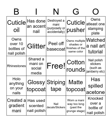 Nail Art Bingo Card