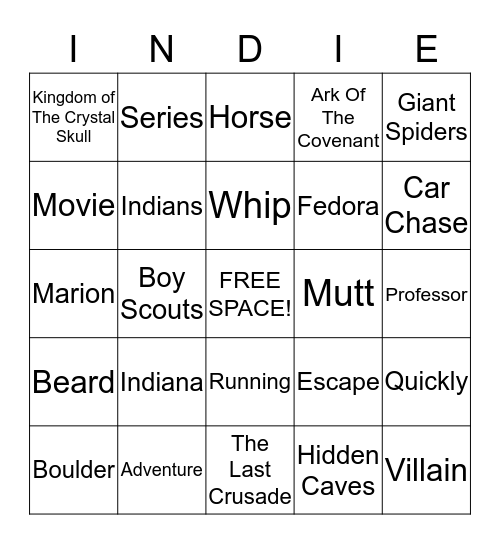 Indiana Jones Bingo Card