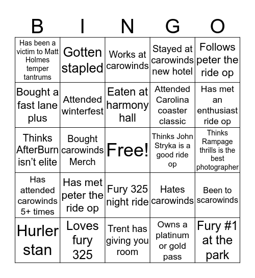 Carowinds Bingo Card