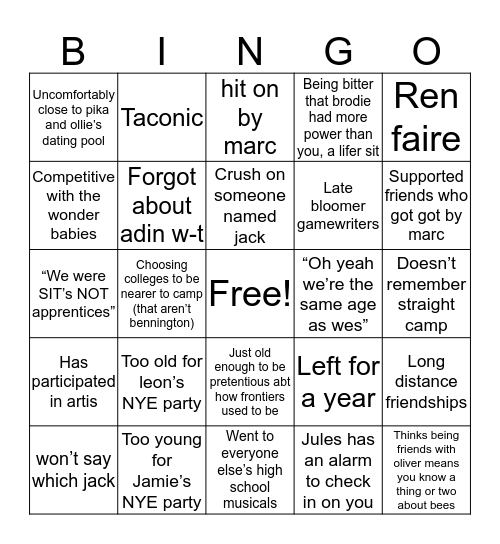 In Between Bingo Card