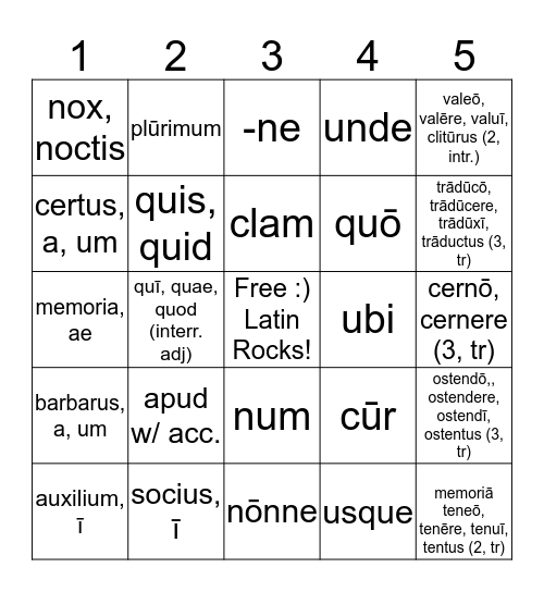 Latin Bingo for 4-7-20 (Wk 12) Bingo Card