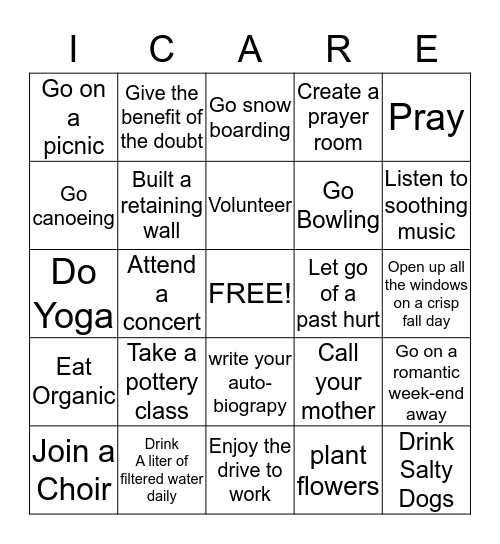I Care Bingo Card