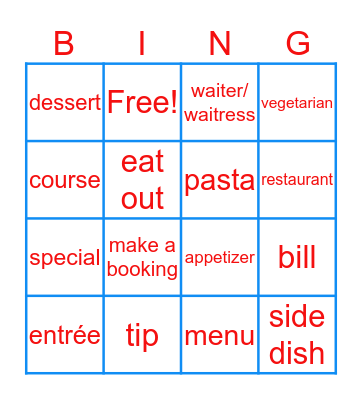 Restaurant Vocabulary Bingo Card