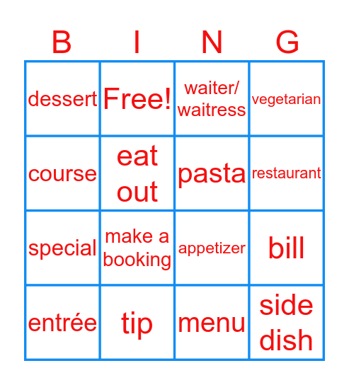 Restaurant Vocabulary Bingo Card