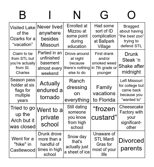 Growing up in St. Louis Bingo Card