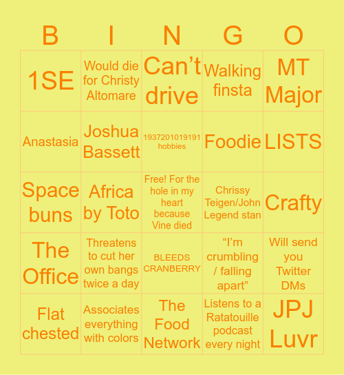 Tori Mozitis Bingo Card