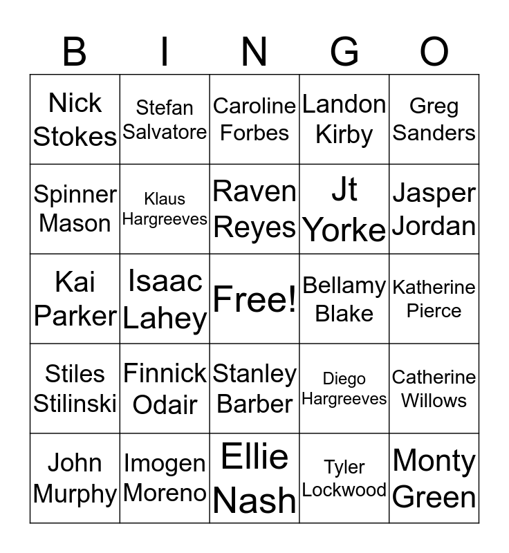 Favorite Characters Bingo Card