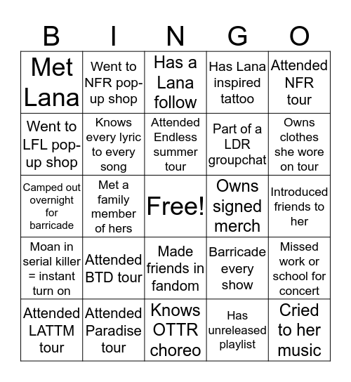 Lana Del Rey bingo Card