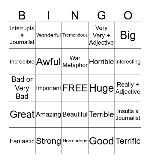 Trump's Adjectives Bingo Card