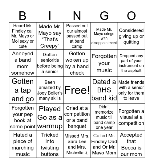 BHS Band Bingo Card