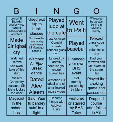 BHS Uppers Bingo Card