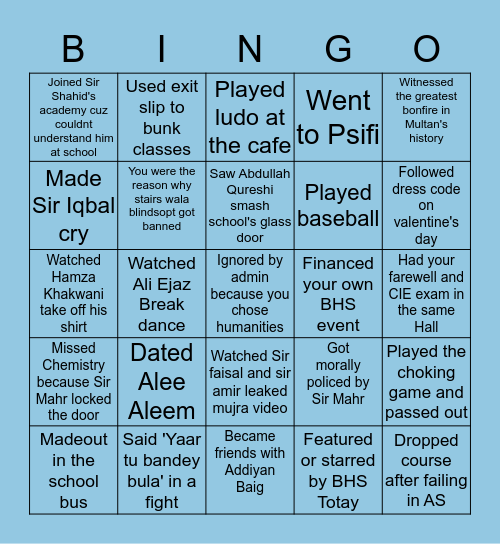 BHS Uppers Bingo Card