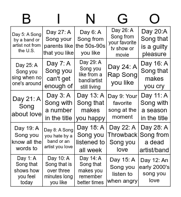 Song Challenge Bingo Card