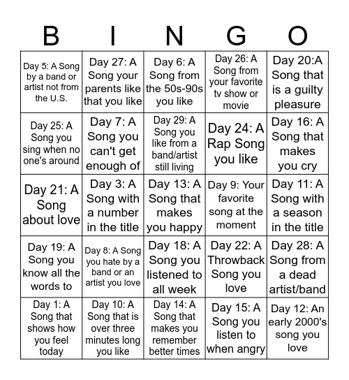 Song Challenge Bingo Card