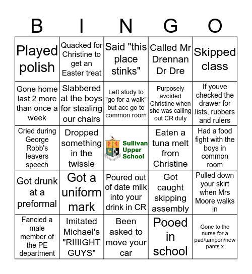 Sullivan Upper Bingo Card