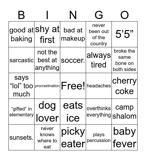 Courtney’s Bingo Card