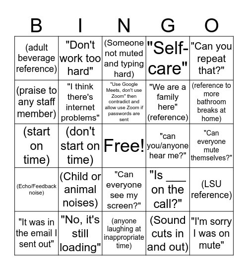 Zoom Conference Bingo Card