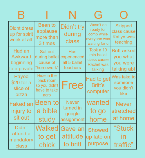 Havilah dance Comany Bingo Card