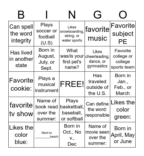 Meet & Learn        Name______________ Bingo Card