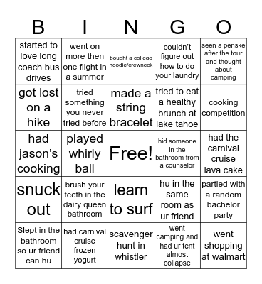Rein teen tours Bingo Card