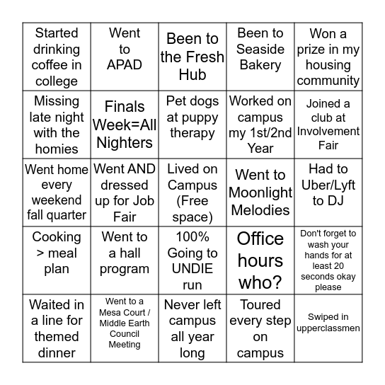First / Second Year bingo Card
